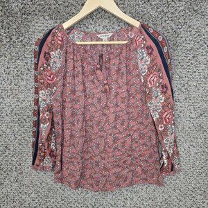 Lucky Brand Top Womens Small Pink‎ Floral Print Boho Crinkle Gauze Neck Tie